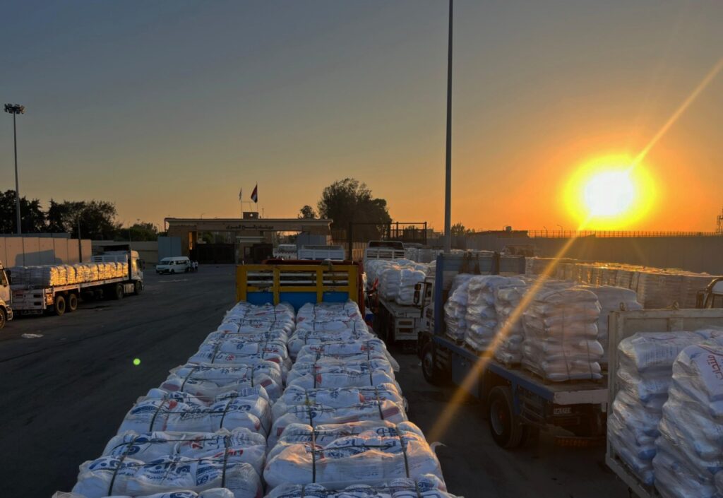 جانب من دخول المساعدات الإنسانية عبر بوابة معبر رفح البري