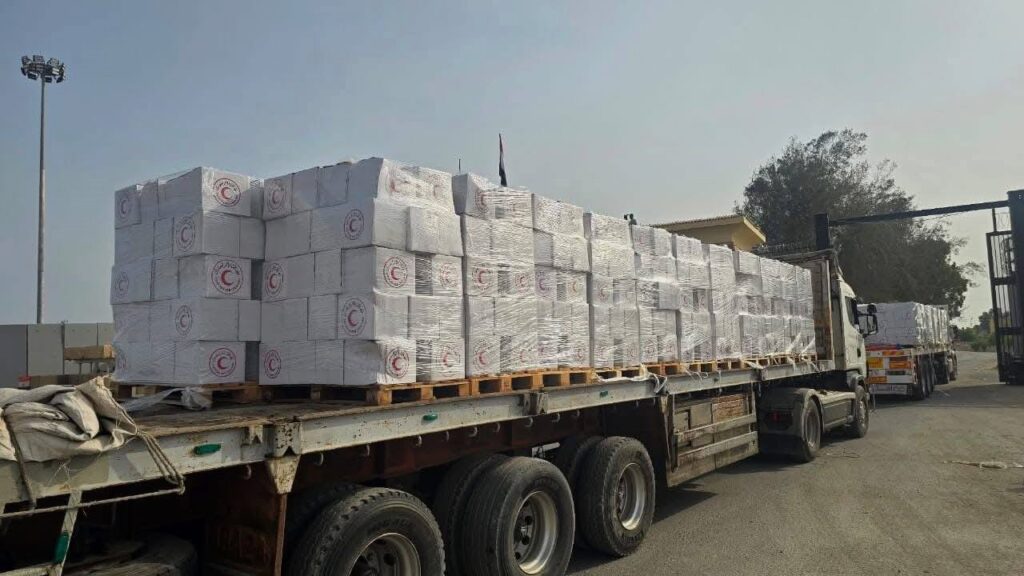 جانب من دخول المساعدات الإنسانية من معبر رفح البري