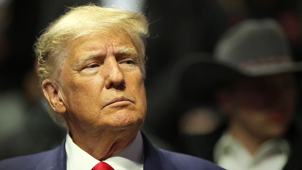 TULSA, OK - MARCH 18: Former United States President Donald Trump stands on the floor during the Division I Mens Wrestling Championship held at the BOK Center on March 18, 2023 in Tulsa, Oklahoma. (Photo by Shane Bevel/NCAA Photos via Getty Images)